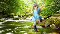 Platelet Character Joyfully Navigating a Lush Stream in Nature