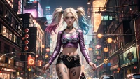 Harley Quinn em um ambiente urbano vibrante, exibindo seu estilo e atitude característicos.