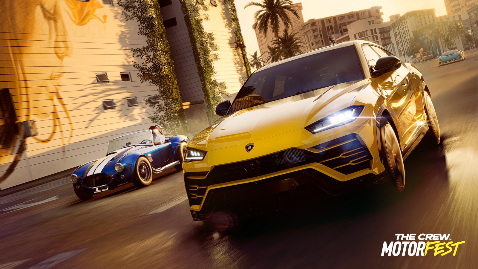 El equipo está conduciendo un coche lamborghini amarillo por una calle de la ciudad (the crew motorfest, lamborghini urus, juegos 2023, juegos de pc, playstation 5)