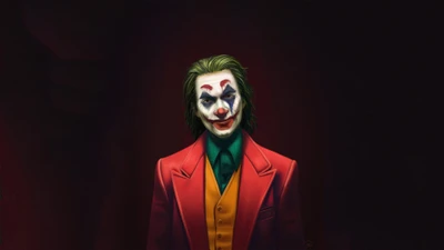 Une représentation artistique vibrante du Joker du film de 2019, avec son visage peint emblématique et son costume rouge frappant.