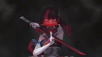 Fille guerrière d'anime avec des yeux rouges et un katana