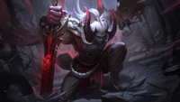 Aatrox, le Guerrier de la Lune Sanglante, libère son pouvoir au milieu d'un champ de bataille dévasté.