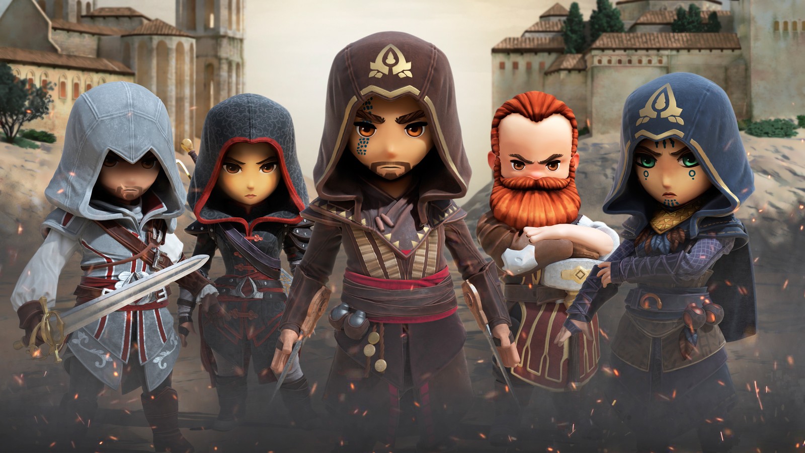 Um grupo de figuras de ação de diferentes tamanhos e cores (assassins creed, assassins creed iii, ubisoft, figura de ação, jogo)