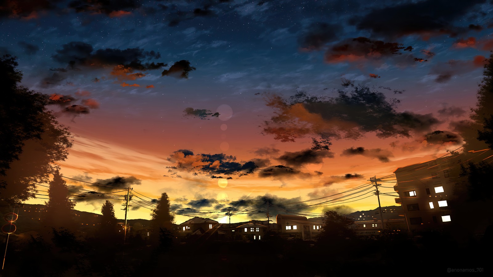 Una vista de un atardecer con algunos edificios y una farola (anime, cielo, amanecer, escenario)