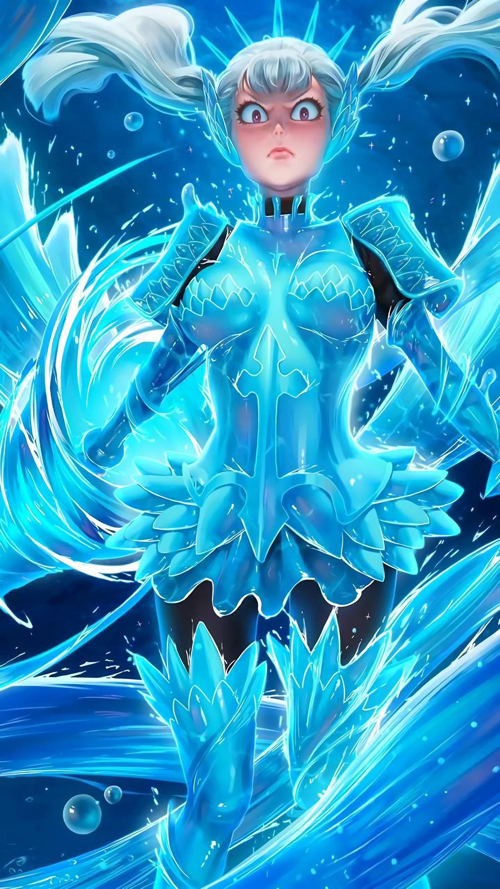 A close up of a person in a blue dress on a wave (antler, anime, blue, light, azure)