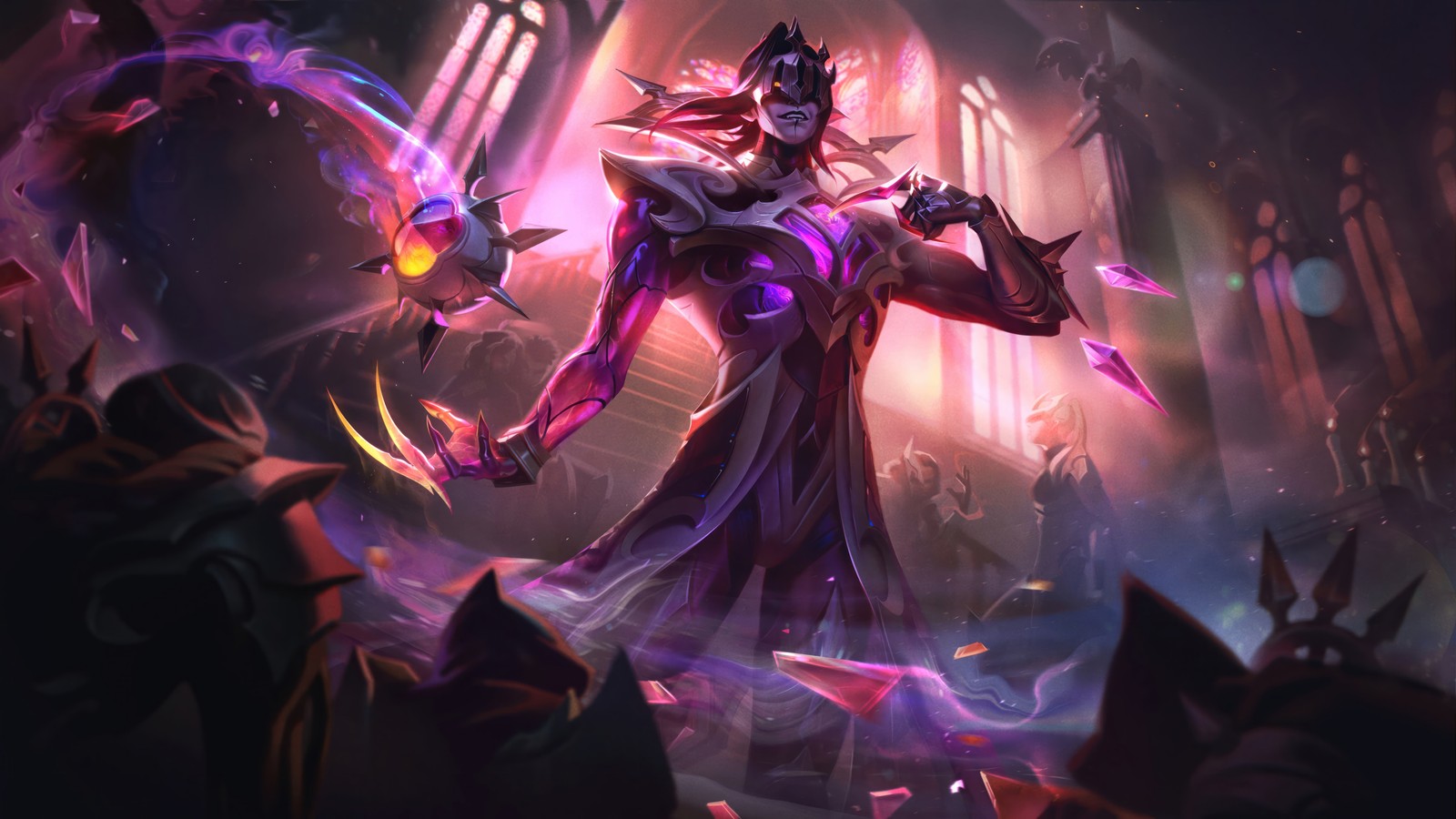 A woman in a purple dress holding a sword in a dark room (broken covenant, vladimir, skin, lol, league of legends)