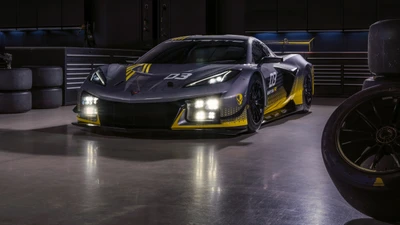 Chevrolet Corvette Z06 GT3 R в стильном, современном гараже с яркими желтыми акцентами и гоночным дизайном.