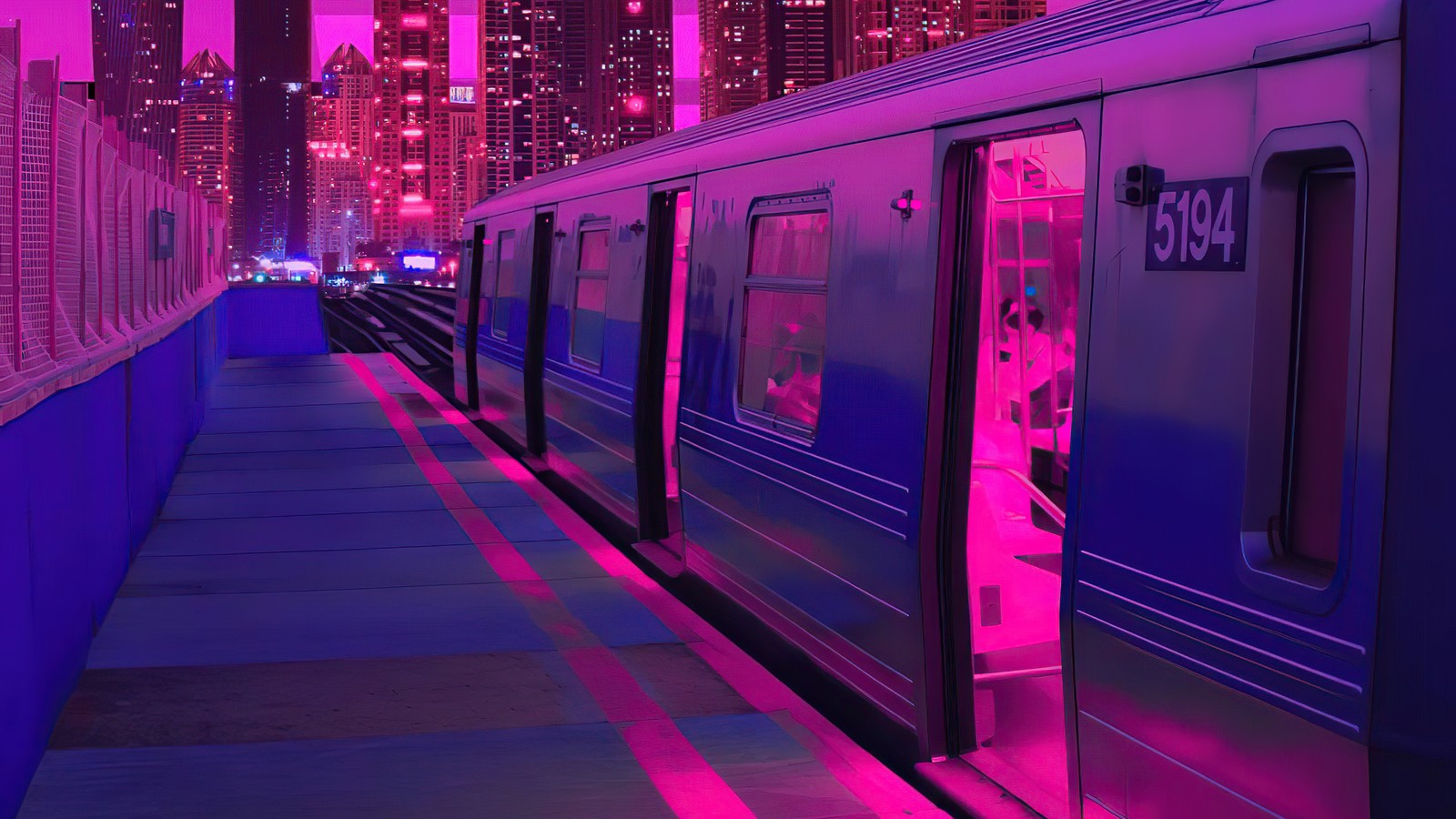 Un tren morado y azul en una estación de tren con luces de la ciudad (ligero, synthwave, tren, ventana, azul)