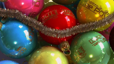 Colorful Christmas Ornaments and Tinsel Close-Up