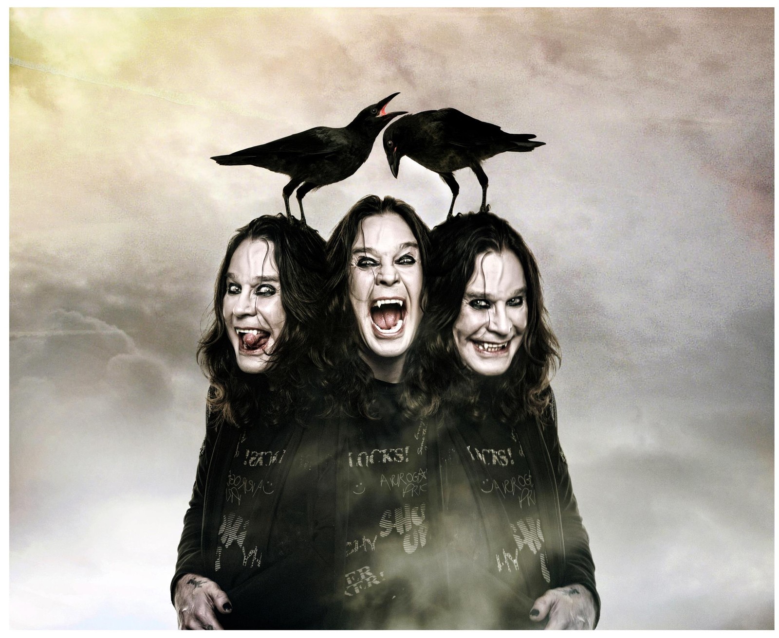 There are three women with black hair and a crow on top of them (ozzy osbourne, black sabbath, smile, music, heavy metal)