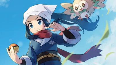 Akari com Rowlet em Pokémon Lendas: Arceus Aventura