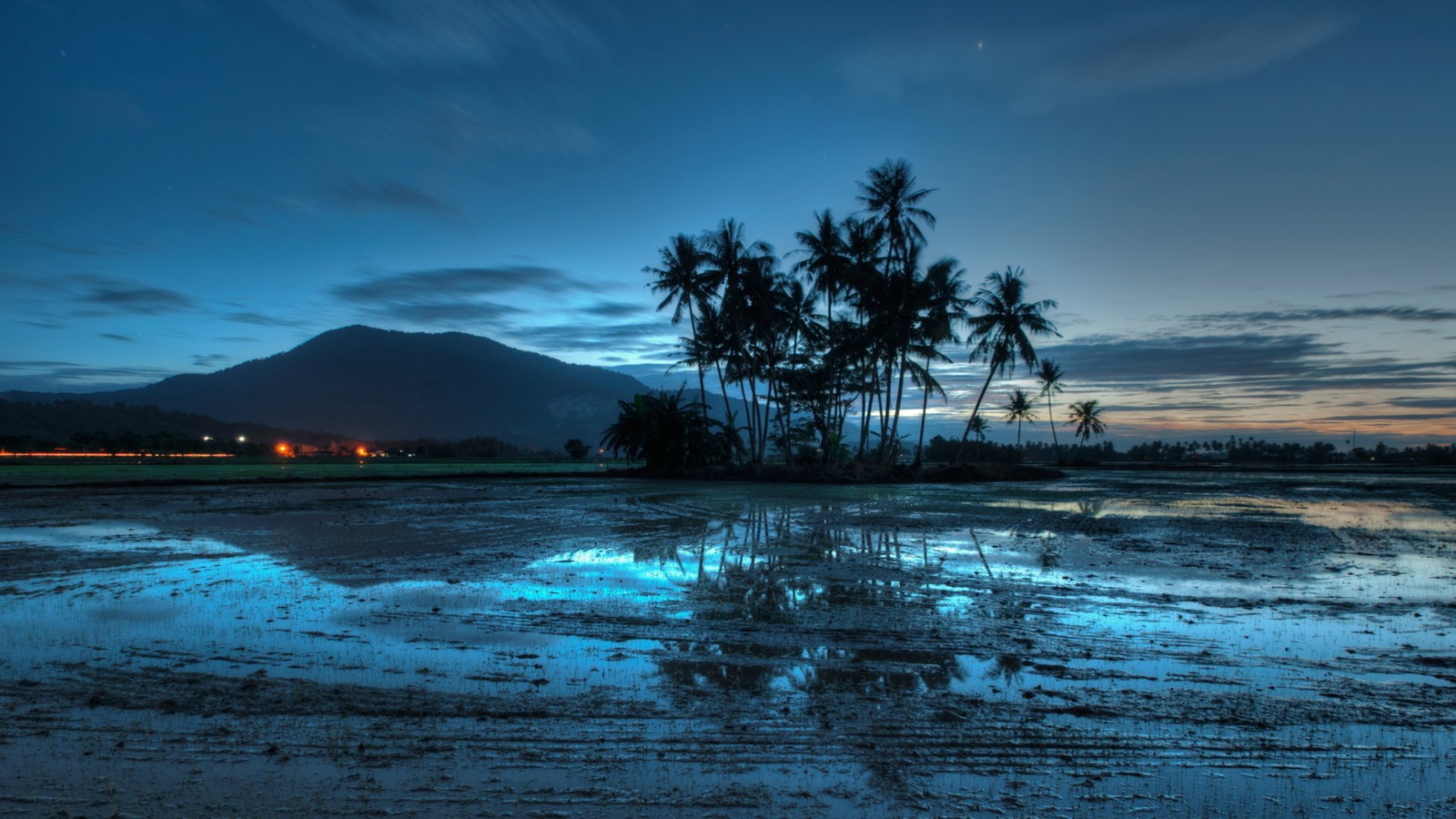 Une vue sur une plage avec une montagne en arrière-plan (coucher de soleil, nature, réflexion, bleu, arbre)