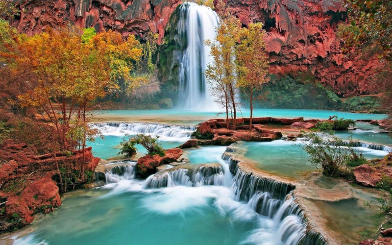 Водопад в середине леса с голубым бассейном (гранд каньон, grand canyon, водопад, водоем, природа)