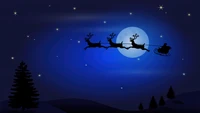 Santa Claus en silueta con trineo contra la luna llena en la víspera de Navidad