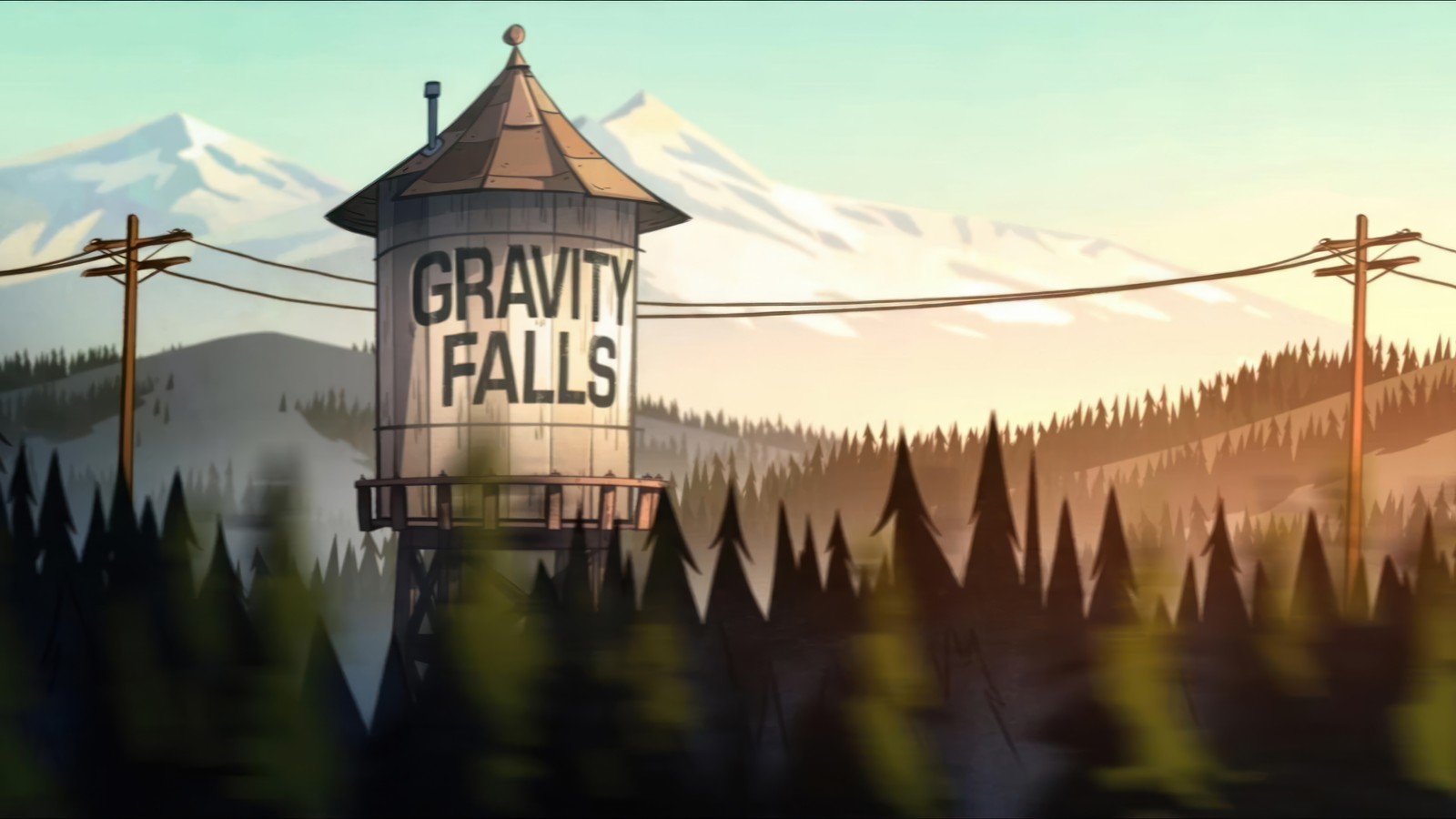 Un primer plano de un tanque de agua en un campo con árboles (gravity falls, series de televisión, caricatura)