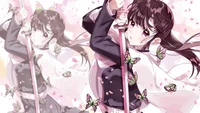 Kanao Tsuyuri in a dynamic pose, surrounded by fluttering butterflies and cherry blossom petals, embodying the spirit of "Demon Slayer: Kimetsu no Yaiba.