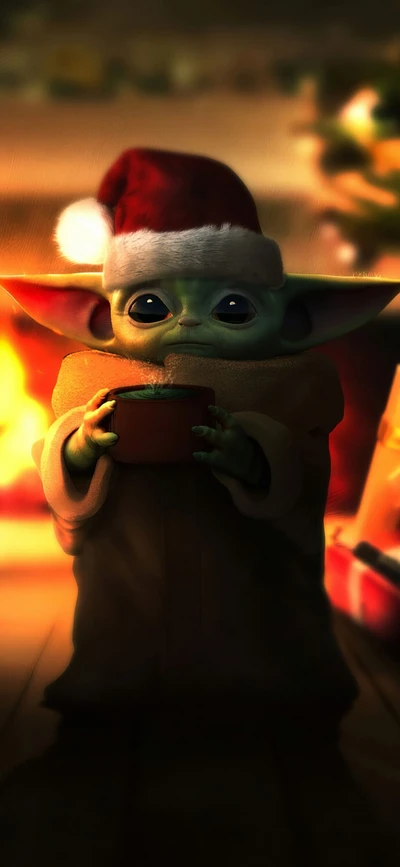 Baby Yoda in einem Weihnachtsmannhut feiert Weihnachten