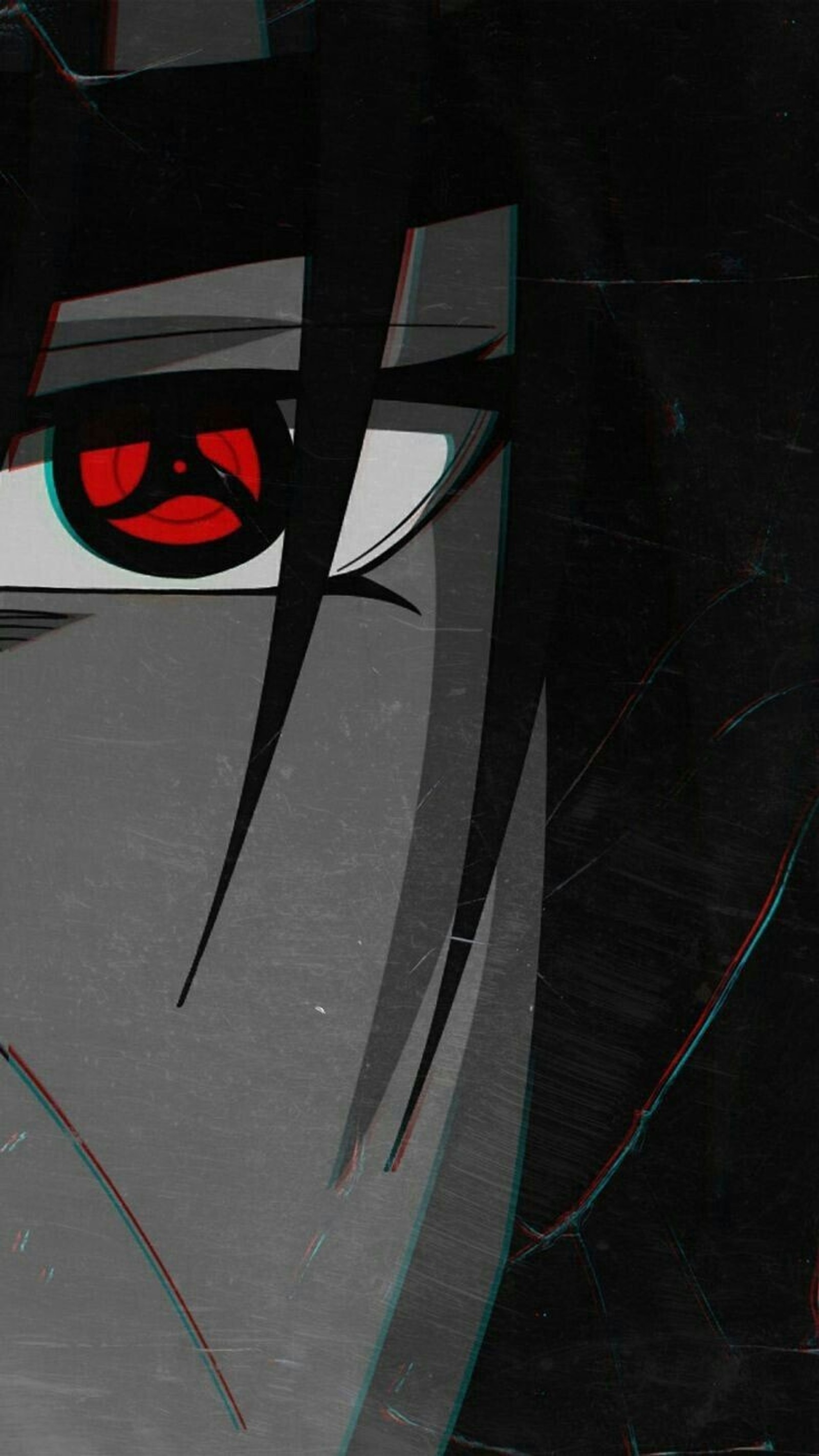 Anime character with red eyes and black hair with a black background (black, dark, grey, itachi, japan)