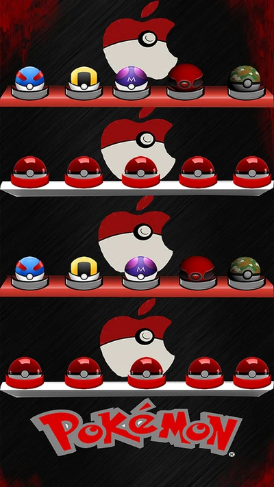 apple, pokeballs, pokemon, shelf, shelfs