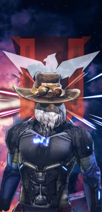 A futuristic figure in a high-tech suit and a cowboy hat stands against a vibrant cosmic backdrop, embodying a blend of fantasy and sci-fi elements.