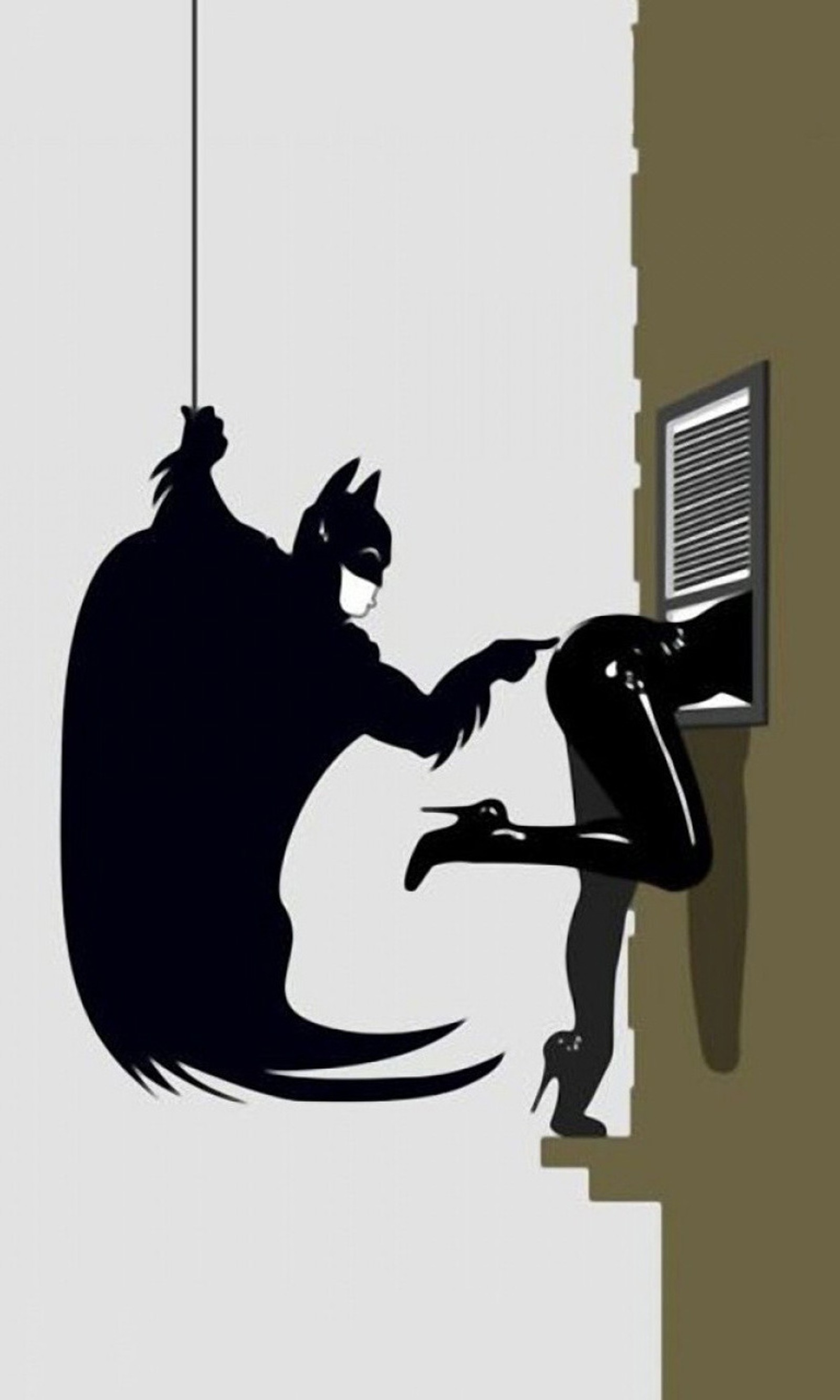 Batman und catwoman hängen von einer wand mit einem fenster (batman, catwoman, gefahr, unterhalten, flamme)