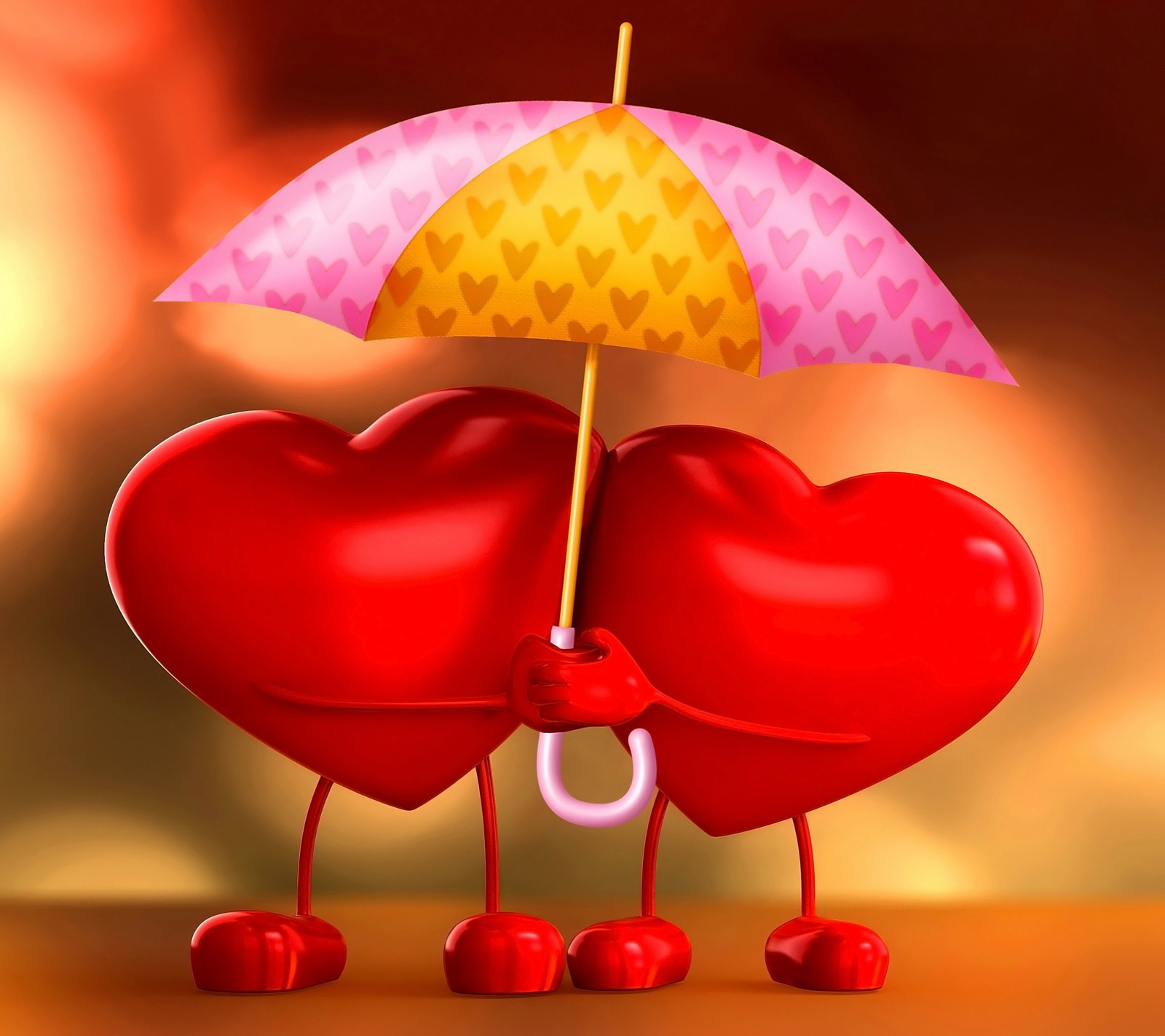 Two hearts holding umbrellas standing on a table with hearts (hearts, love, umbrella)