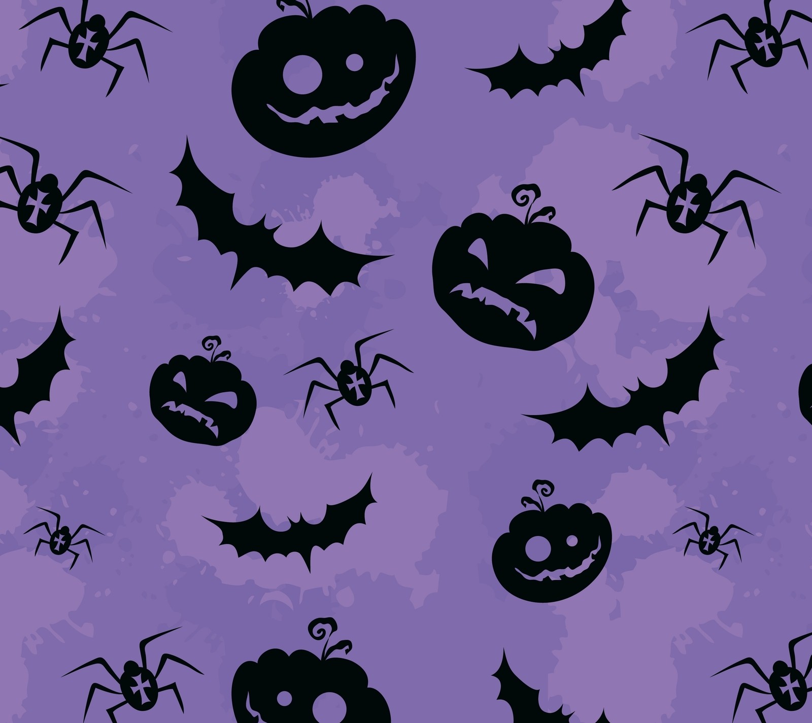 Un primer plano de un fondo morado con símbolos de halloween en blanco y negro (murciélagos, halloween, feliz, calabazas, púrpura)