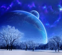 Snowy Landscape Under a Mystical Planetary Sky