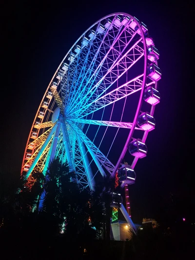 Vista noturna colorida da roda-gigante de Myrtle Beach