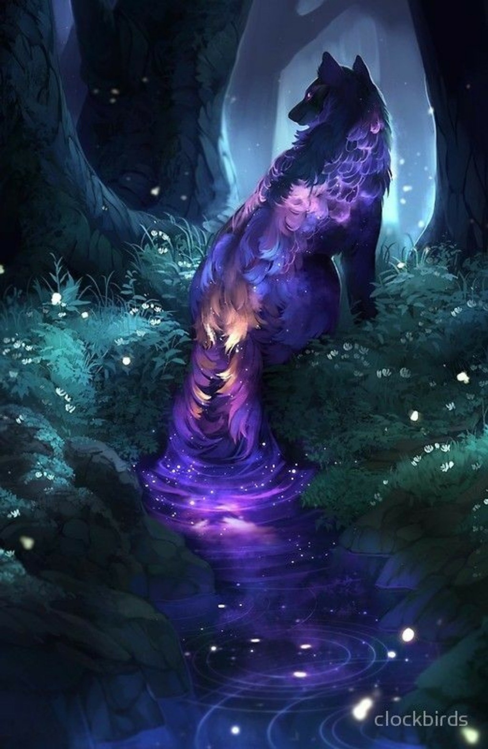 A painting of a wolf standing in a forest with a stream (fantasy, purple, river, wolf)