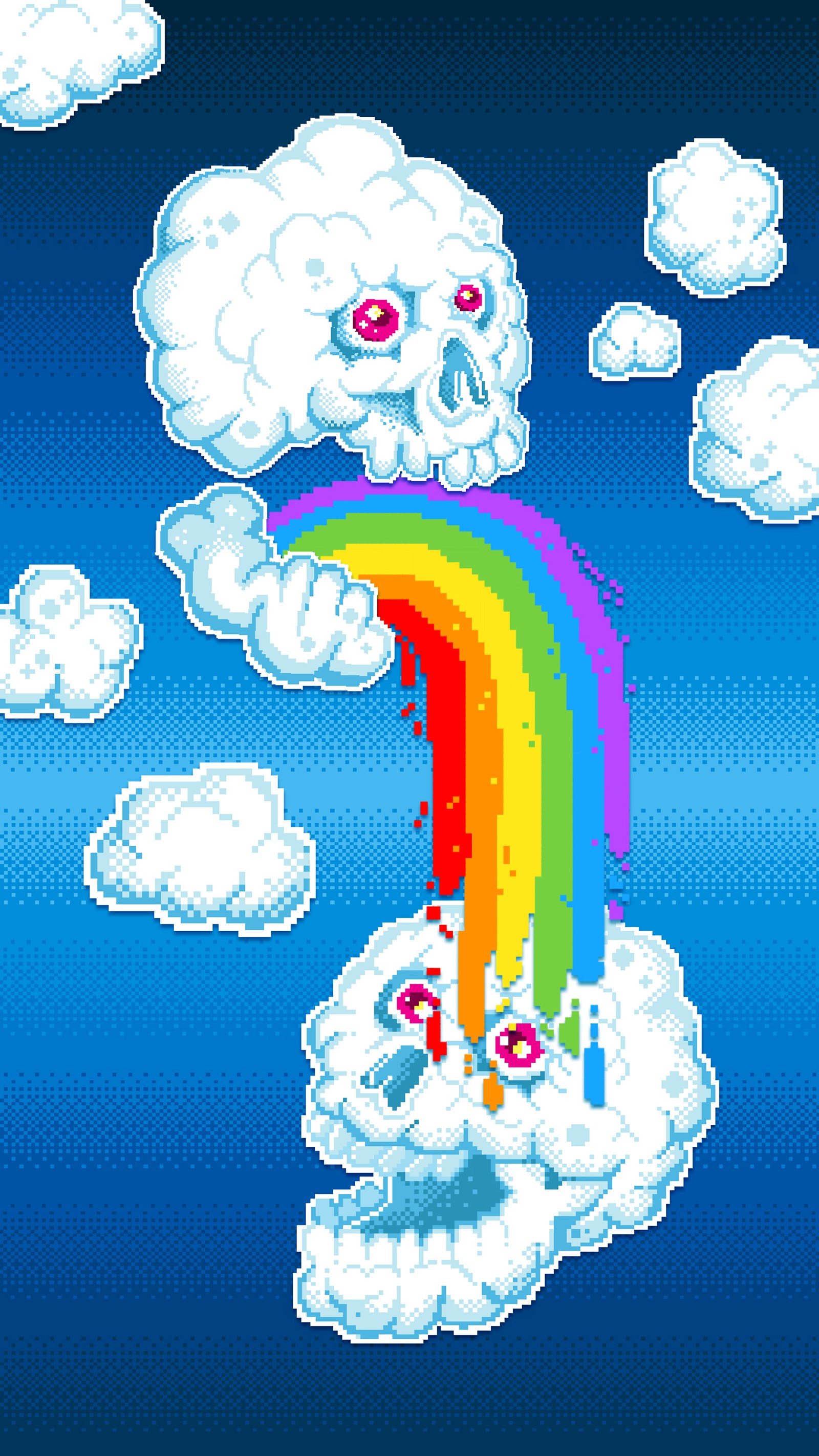 There is a pixel art of a rainbow and a skull on a cloud (lacko, illustration, trippy, cool, art)