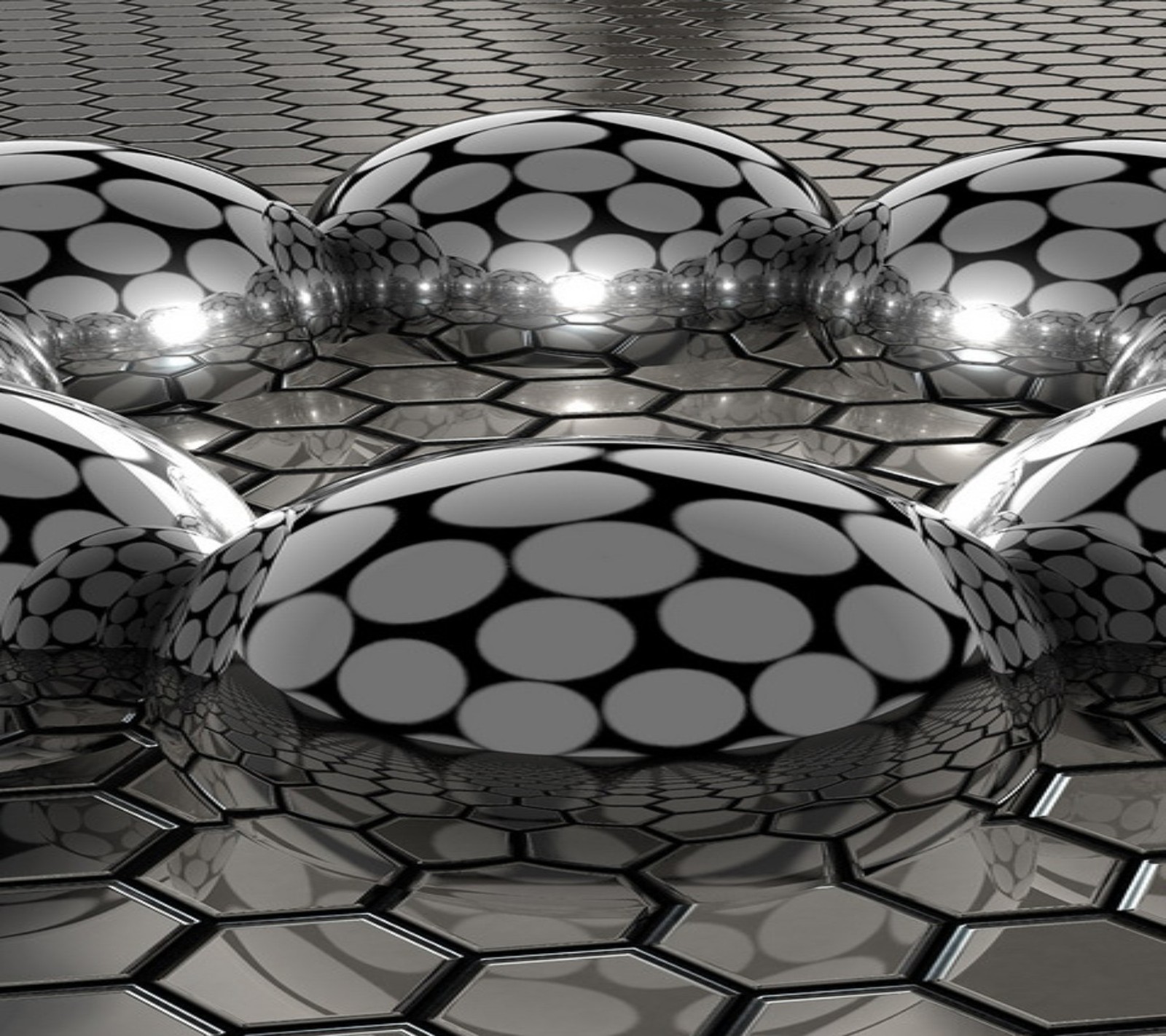 A close up of a group of spheres on a tiled surface (abstract, balls, chrome, hd, modern)