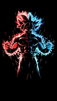 Goku's Dynamic Transformation in Fiery Blue and Red Energy Burst