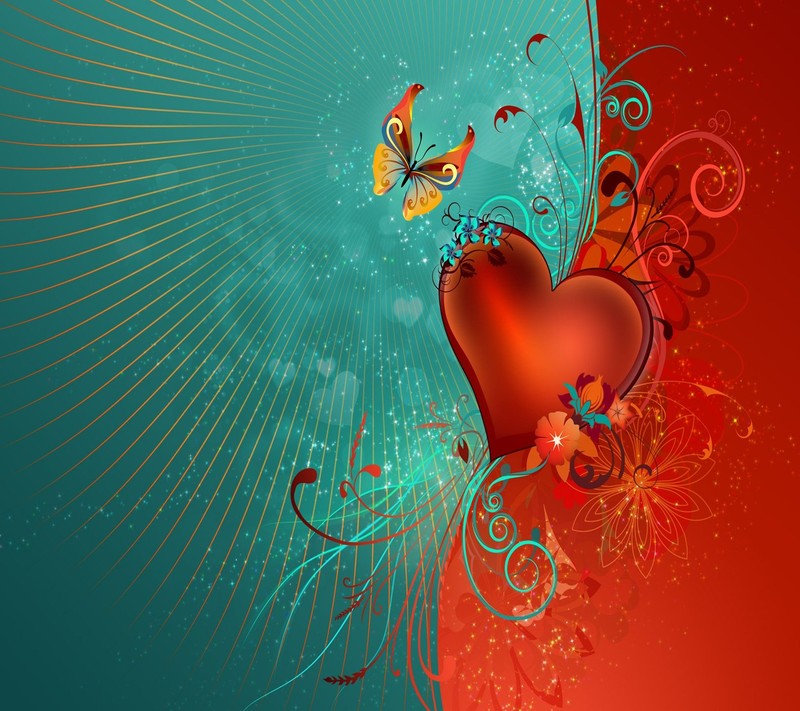 Illustration of a heart with a butterfly on a red background (color, love)