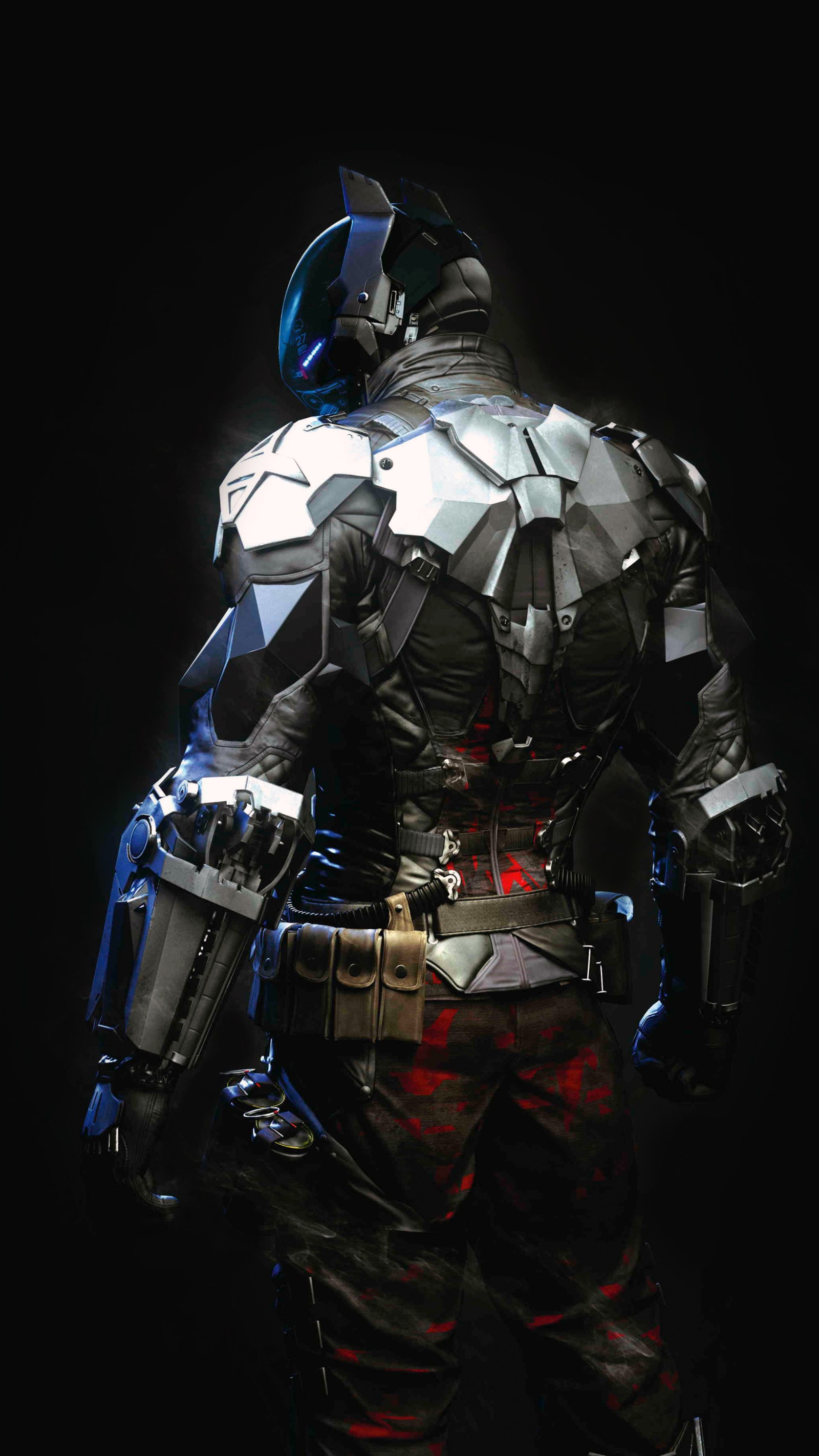 Batman arkham knight en armure avec une arme à la main (au delà, chef, capuche, injustice, chevalier)