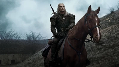 Geralt of Rivia on horseback, surveying a rugged landscape under a stormy sky.