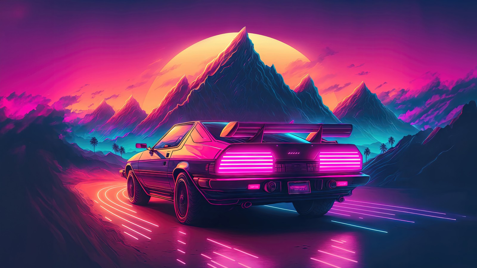 Скачать обои машина, аутран, outrun, неон, гора