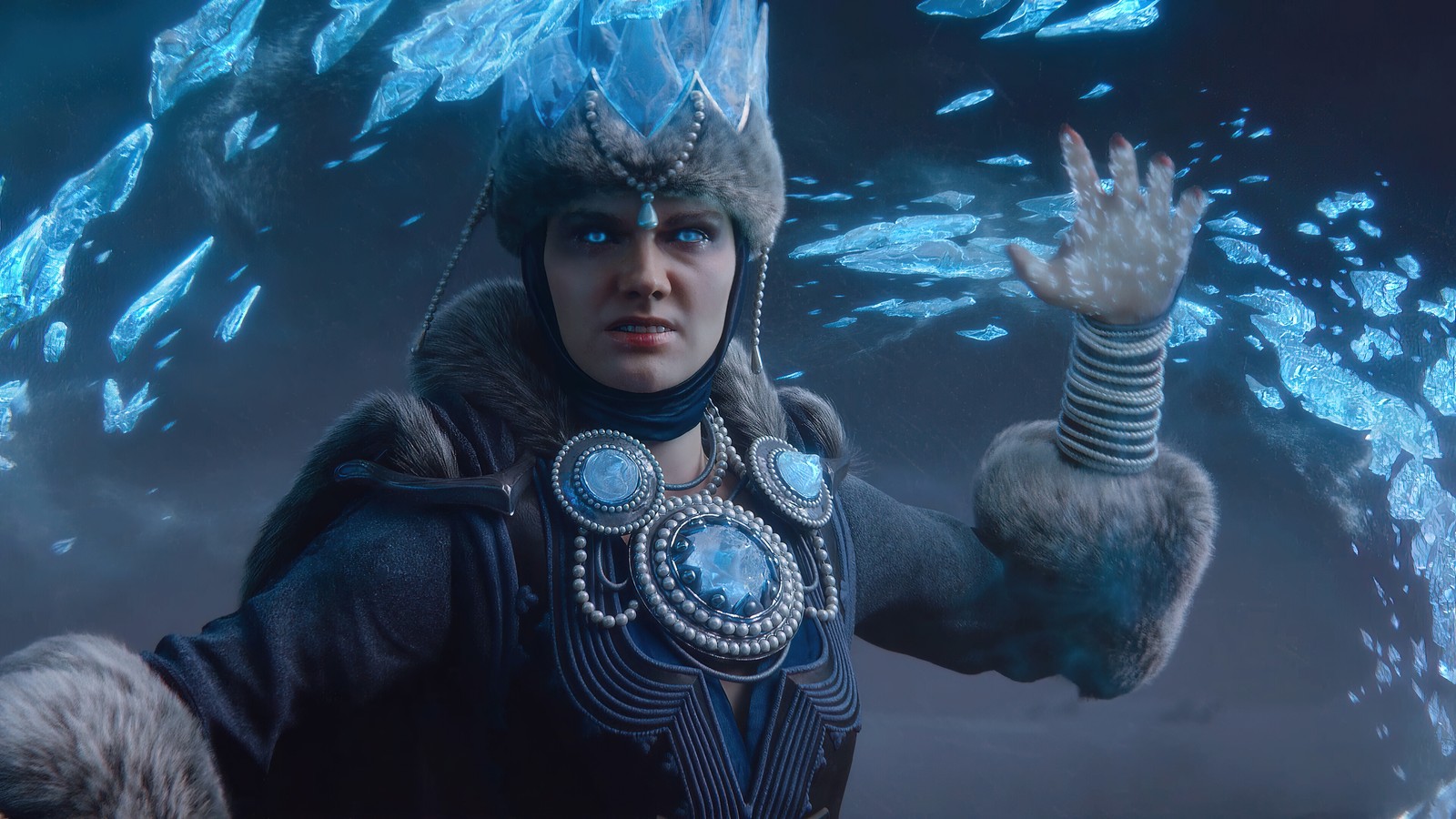 A close up of a person in a costume with a snow hat (total war warhammer 3, total war warhammer iii, video game, tzarina katarin, ice queen)