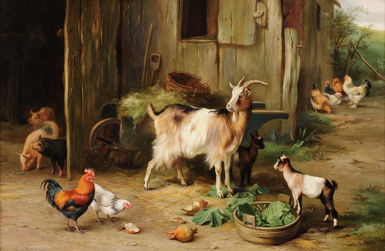 A painting of a goat and chickens in a barn with a baby goat (art, artist, drawing, goat, goats)