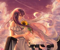 anime girl, happy mood, sunflower, alone, 5k