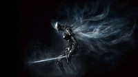 Un caballero espectral con armadura oscura empuña una espada, rodeado de brumas etéreas y un fondo sombrío, encarnando la esencia de "Dark Souls III".