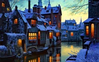 Winter Evening Reflections in a Snowy Town Waterway