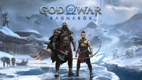 Kratos et Atreus sont prêts contre le paysage gelé dans God of War: Ragnarök