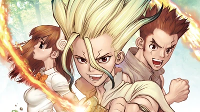 dr stone, anime, yuzuriha, taiju oki, senku ishigami