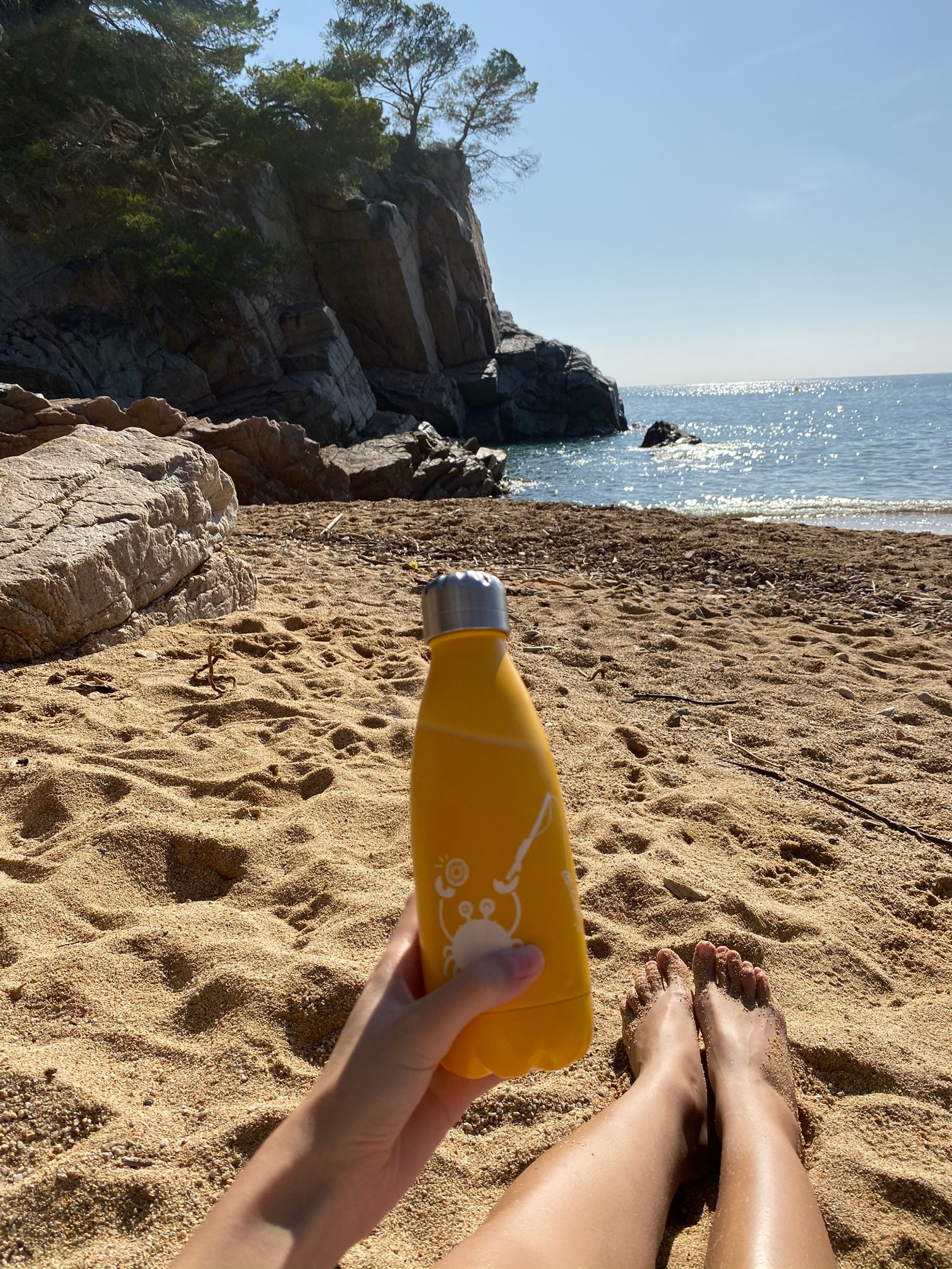 Quelqu'un tient une bouteille de jus d'orange sur la plage (plage, tourisme, eau, bronzer, boisson)