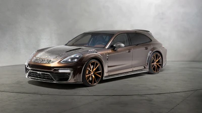 Elegante carro esportivo Porsche em bronze com rodas personalizadas e design de grade dinâmico