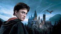 Harry Potter surplombant Poudlard contre un ciel mystique