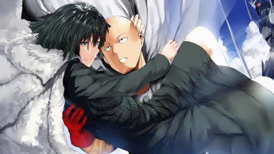 Saitama et Fubuki s'embrassent dans une scène dynamique de "One Punch Man