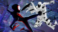 Miles Morales battles a shadowy foe in a vibrant, animated scene from "Spider-Man: Across the Spider-Verse.