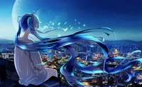 Garota de anime surrealista com cabelo azul fluindo, observando uma paisagem urbana de sonho